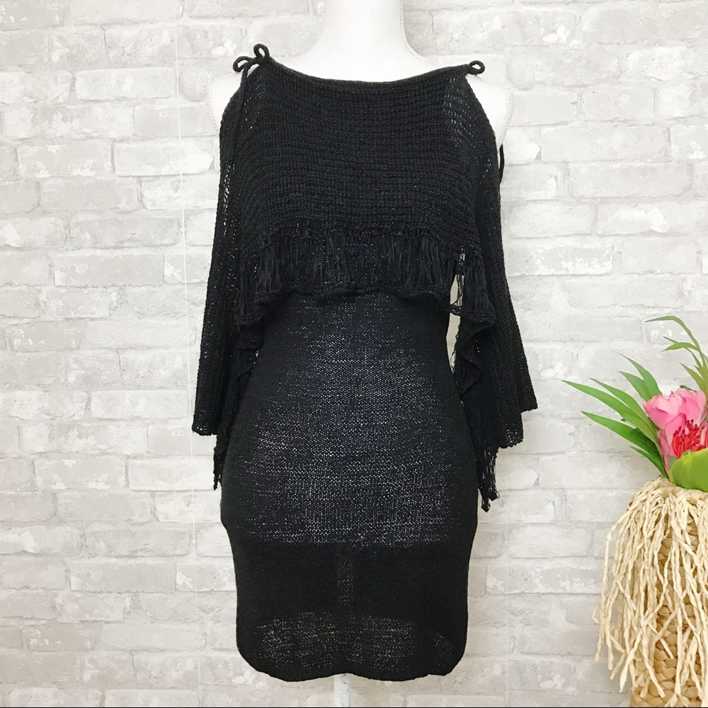 NWT Somedays Lovin | Black Knit Cold Shoulder Mini Dress with Fringe Detail XS